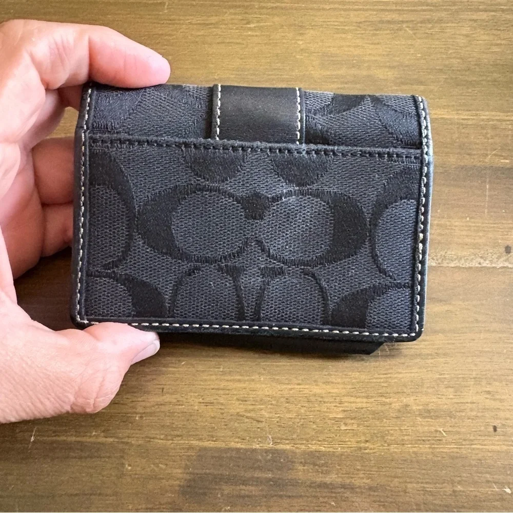 Coach Signature CC Wallet Black Canvas Fold Over Leather Card Holder Small
